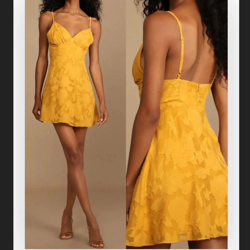 Lulus Thriving Love Mustard Yellow Burnout Floral Mini Skater Dress
